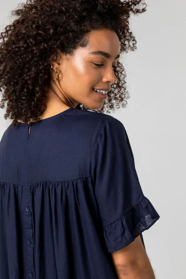 Women Button Detail Frill Hem Dress Roman Dresses