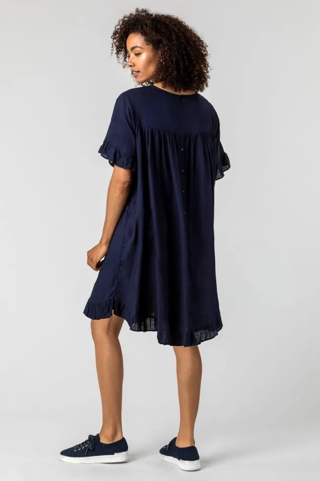 Women Button Detail Frill Hem Dress Roman Dresses