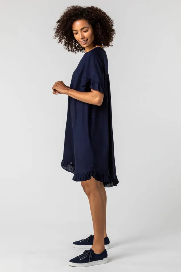 Women Button Detail Frill Hem Dress Roman Dresses