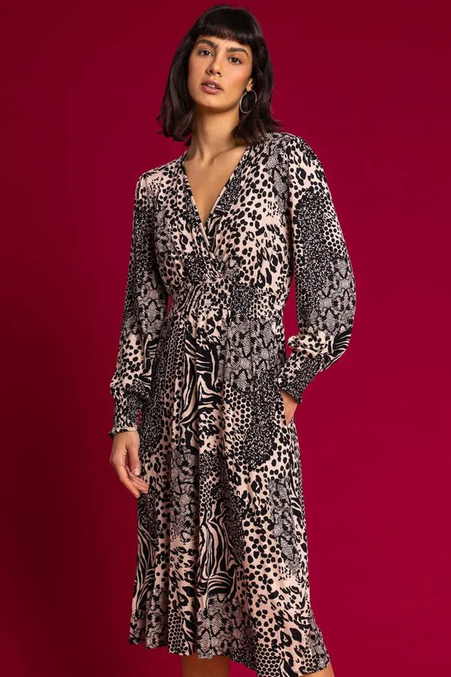 Women Camel Animal Print Wrap Midi Dress Roman Dresses