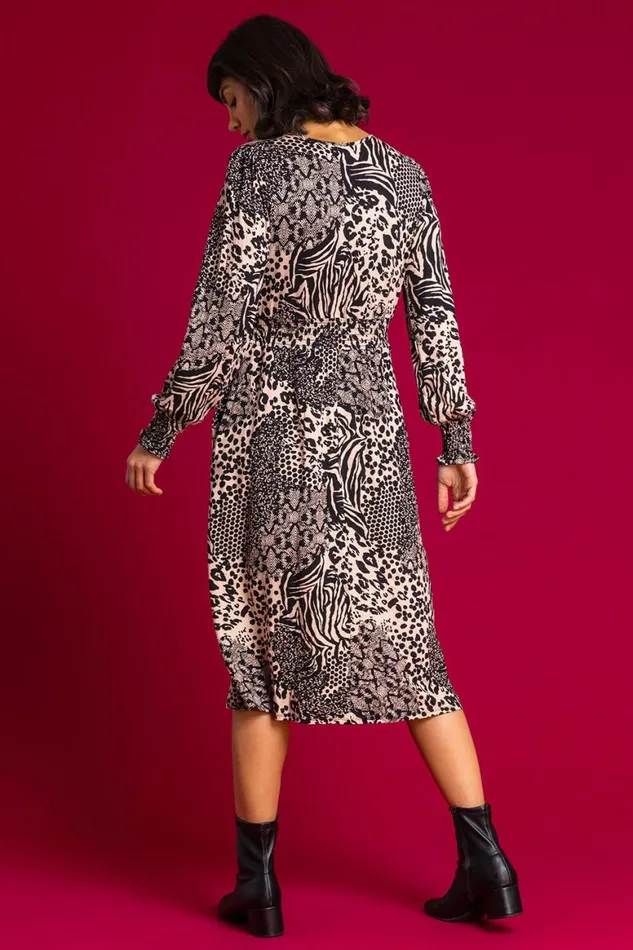 Women Camel Animal Print Wrap Midi Dress Roman Dresses