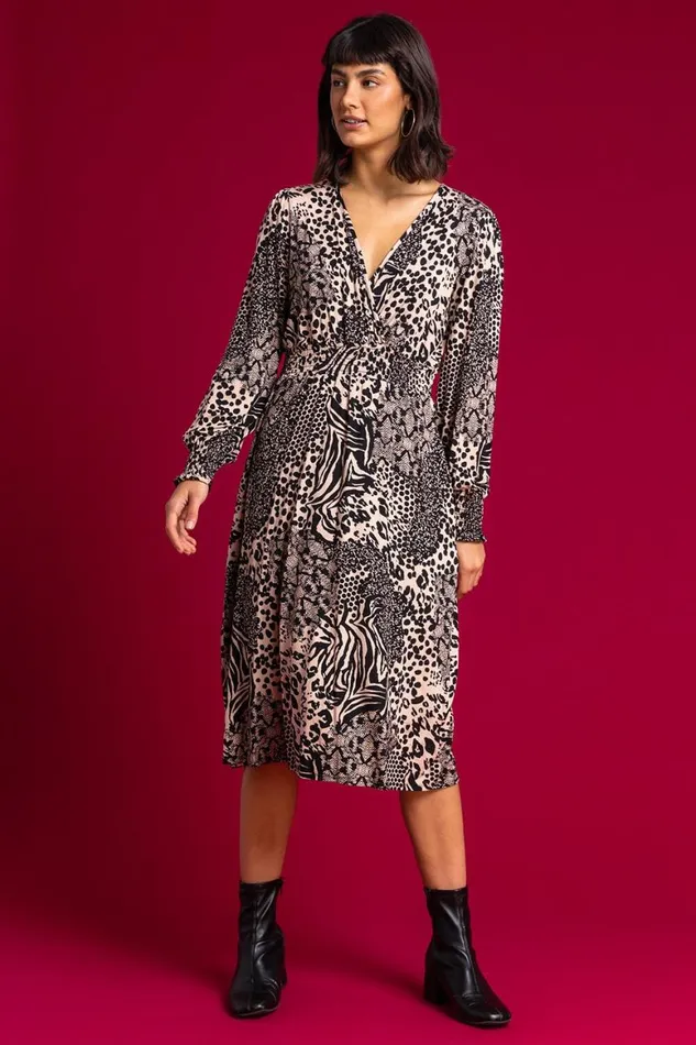 Women Camel Animal Print Wrap Midi Dress Roman Dresses