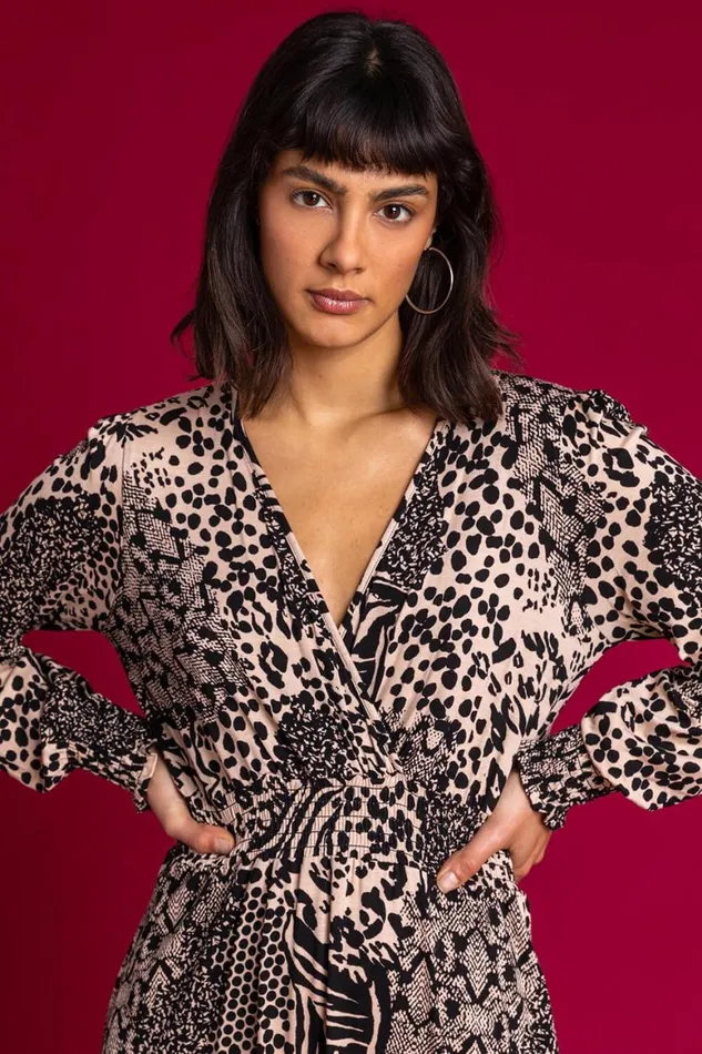 Women Camel Animal Print Wrap Midi Dress Roman Dresses