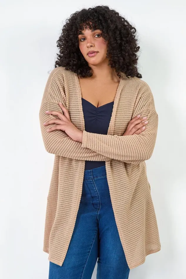 Women Camel Curve Textured Longline Cardigan Roman Tops