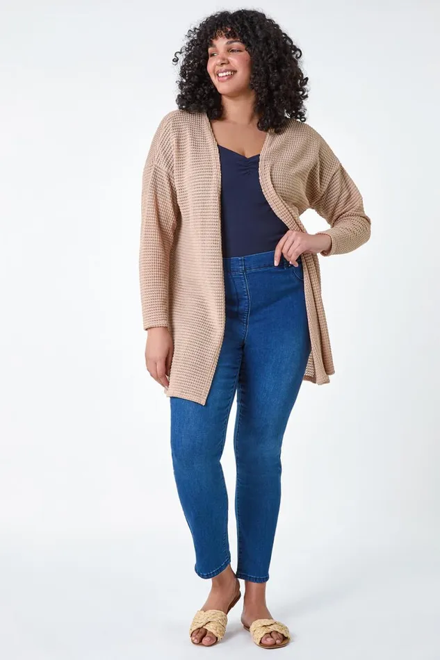 Women Camel Curve Textured Longline Cardigan Roman Tops