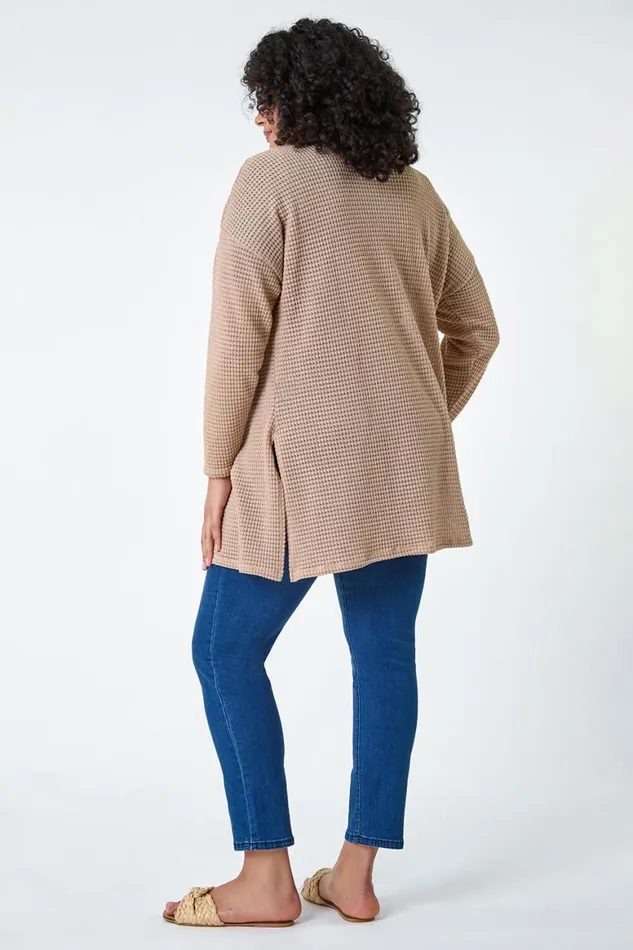 Women Camel Curve Textured Longline Cardigan Roman Tops