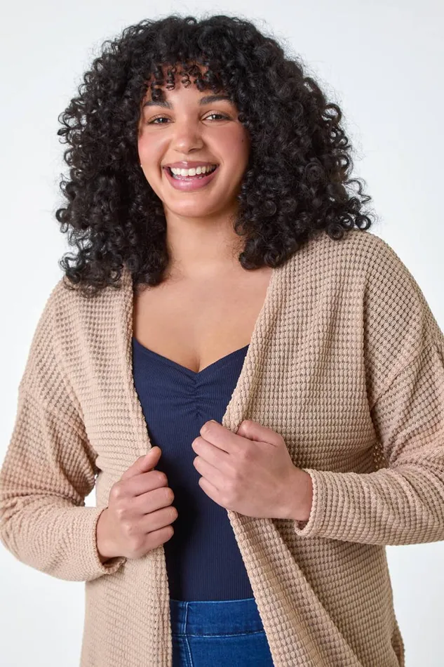 Women Camel Curve Textured Longline Cardigan Roman Tops