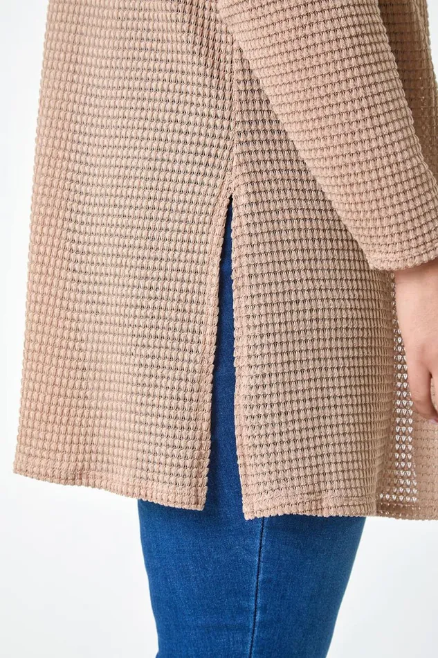 Women Camel Curve Textured Longline Cardigan Roman Tops
