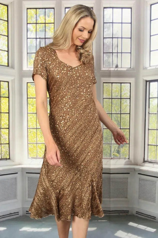 Women Camel Julianna Leopard Print Bias Cut Dress Roman Occasionwear