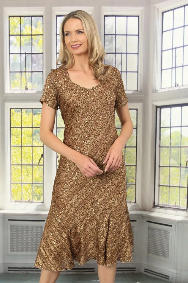 Women Camel Julianna Leopard Print Bias Cut Dress Roman Occasionwear