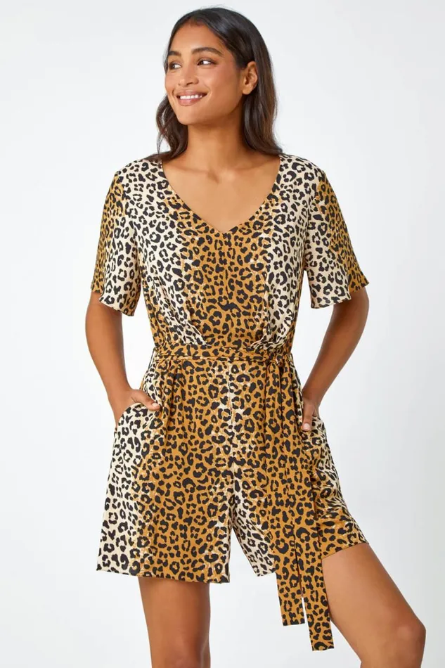 Women Camel Leopard Print Belted Playsuit Roman Dresses