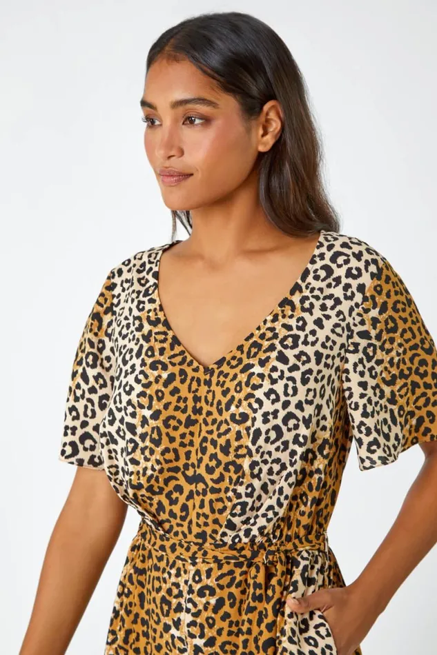Women Camel Leopard Print Belted Playsuit Roman Dresses