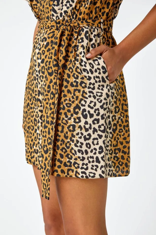 Women Camel Leopard Print Belted Playsuit Roman Dresses