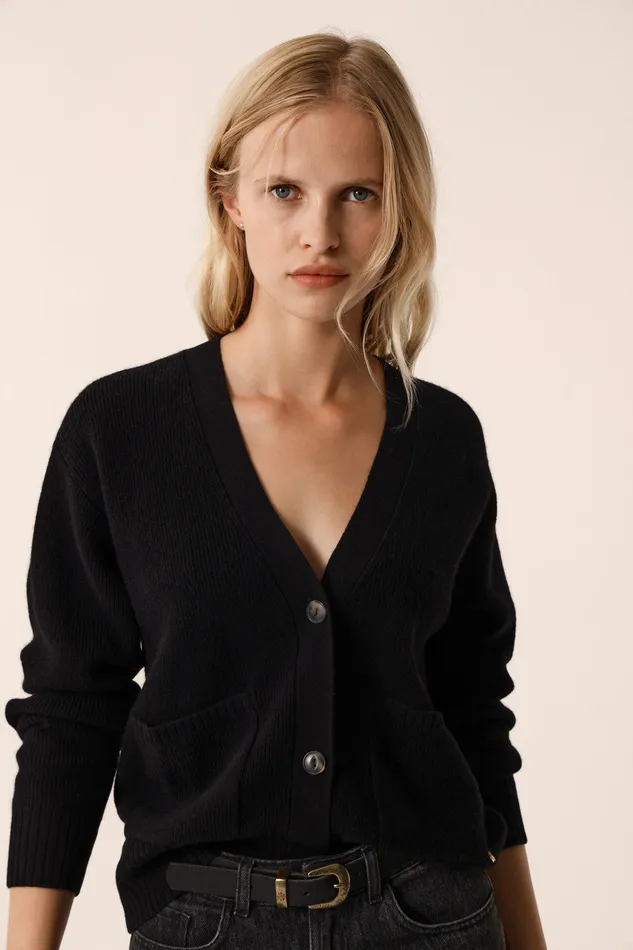 Women Cardigan Artimus Noir Gilet Laine Mrinos Noir Des Petits Hauts Jumpers and Cardigans