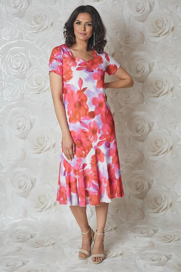 Women Cerise Julianna Floral Bias Cut Midi Dress Roman Occasionwear