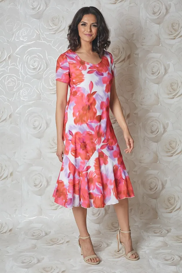 Women Cerise Julianna Floral Bias Cut Midi Dress Roman Occasionwear