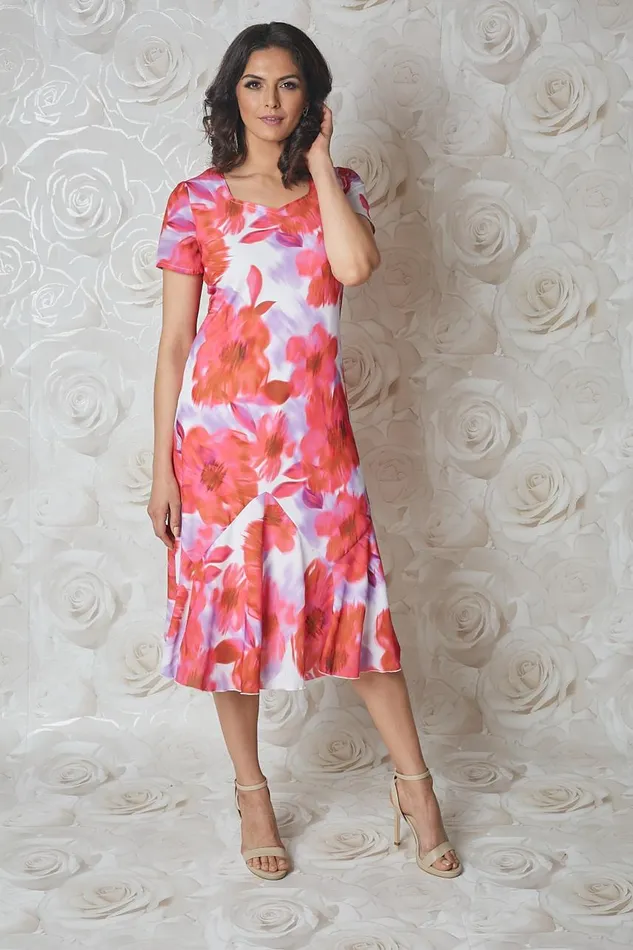 Women Cerise Julianna Floral Bias Cut Midi Dress Roman Occasionwear