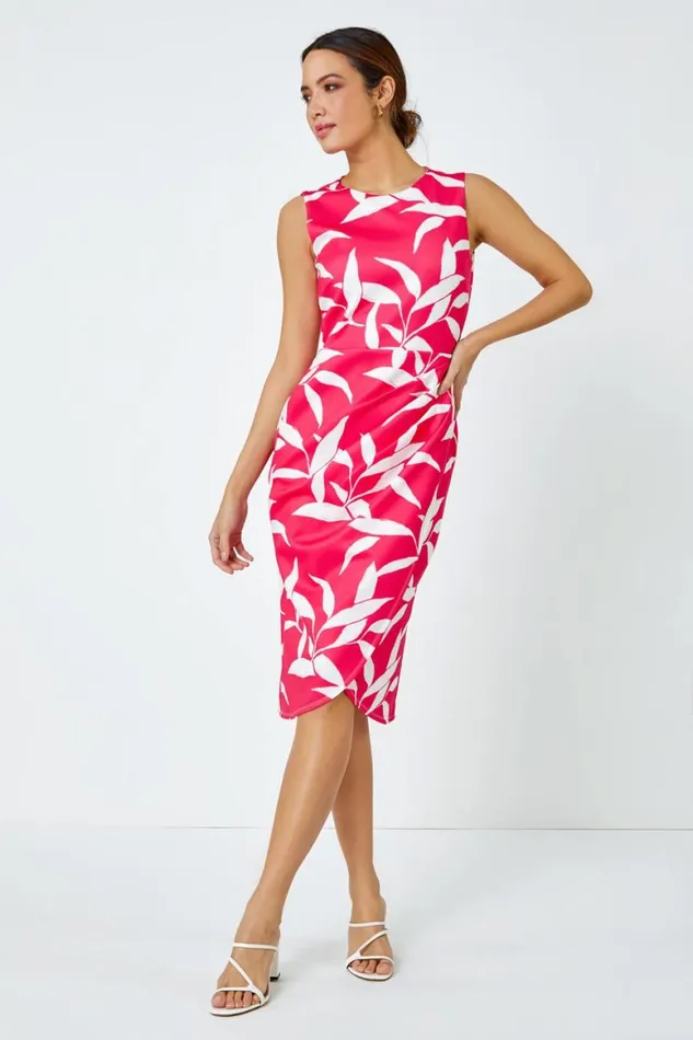 Women Cerise Leaf Print Ruched Shift Dress Roman Dresses