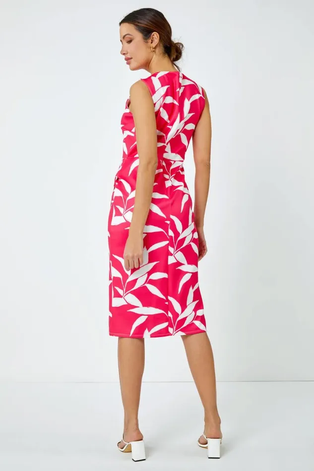 Women Cerise Leaf Print Ruched Shift Dress Roman Dresses