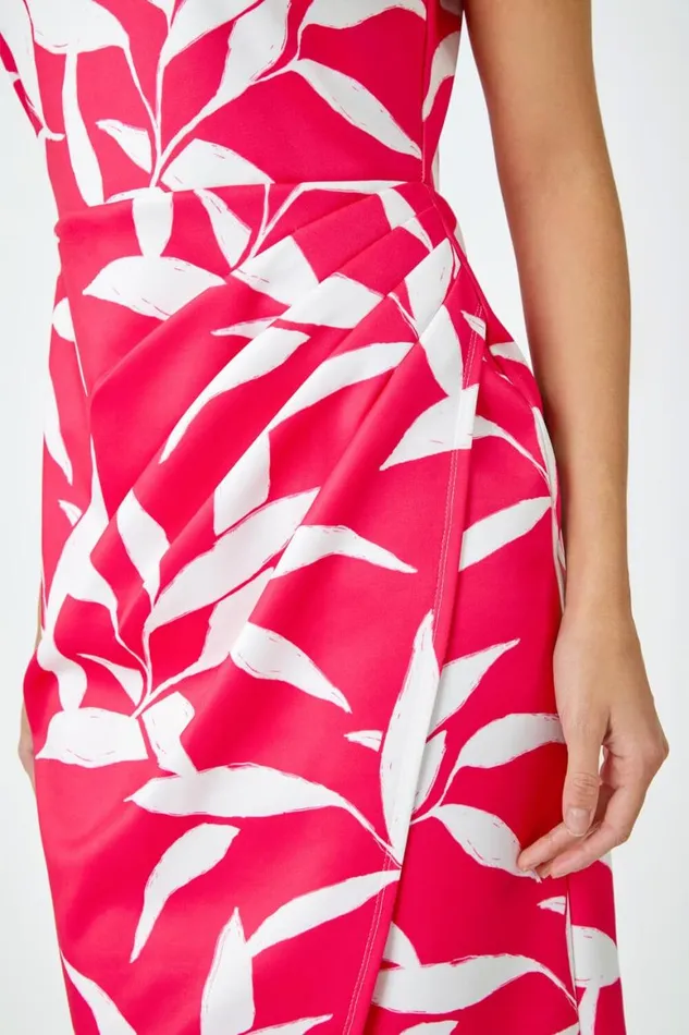 Women Cerise Leaf Print Ruched Shift Dress Roman Dresses