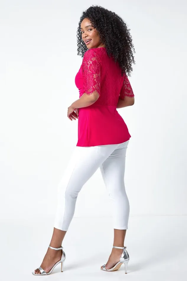 Women Cerise Petite Lace Twist Front Stretch Top Roman Tops