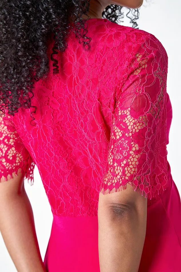 Women Cerise Petite Lace Twist Front Stretch Top Roman Tops
