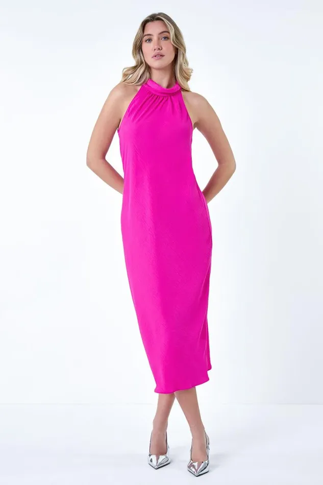 Women Cerise Plain Woven Halterneck Midi Dress Roman Dresses