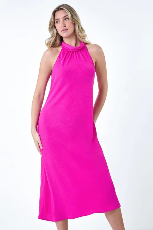 Women Cerise Plain Woven Halterneck Midi Dress Roman Dresses