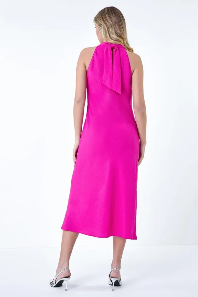 Women Cerise Plain Woven Halterneck Midi Dress Roman Dresses