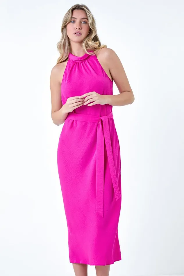 Women Cerise Plain Woven Halterneck Midi Dress Roman Dresses
