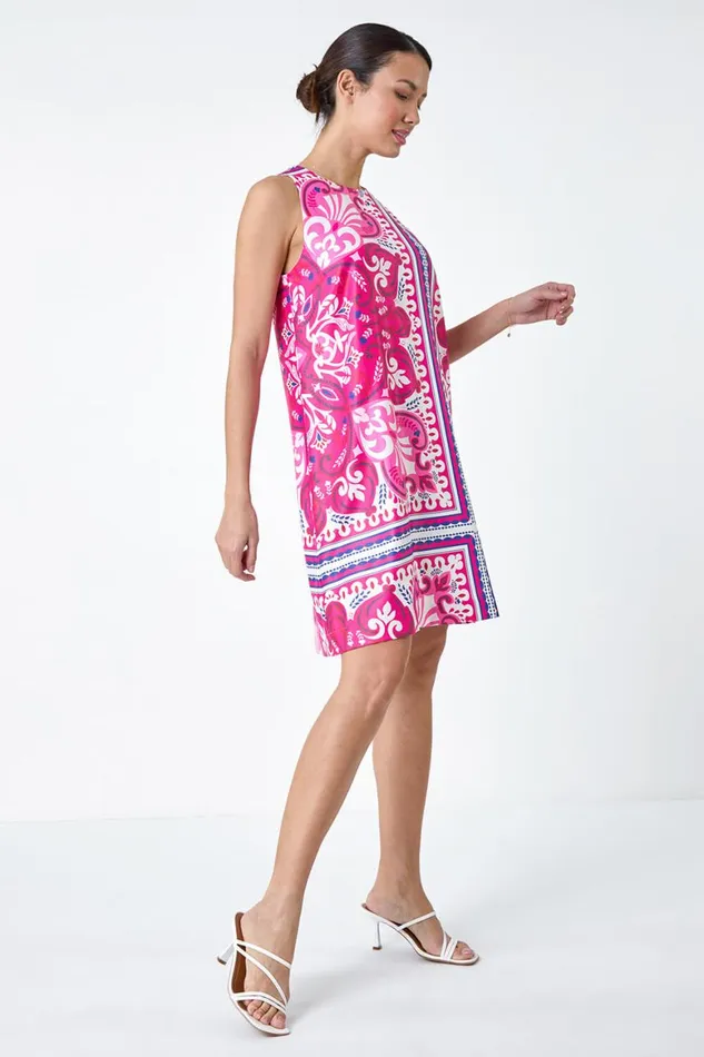 Women Cerise Scarf Print Satin Feel Shift Dress Roman Dresses