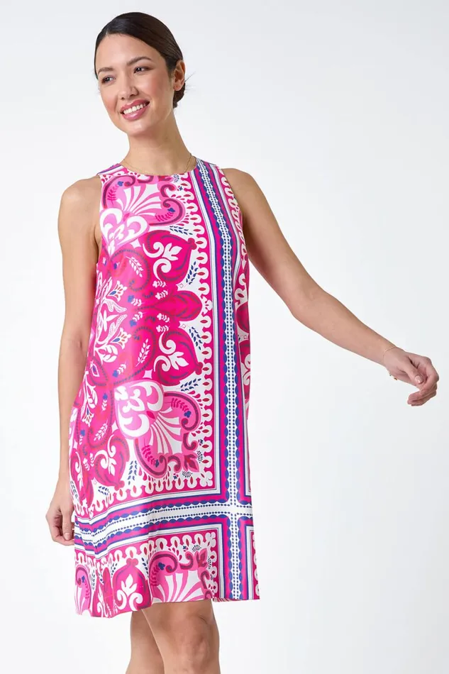 Women Cerise Scarf Print Satin Feel Shift Dress Roman Dresses