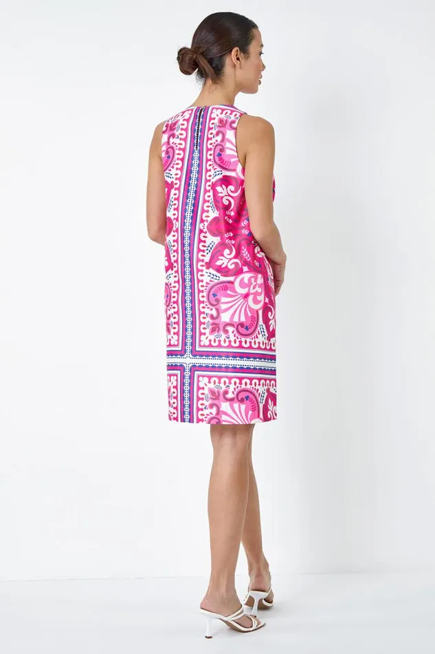 Women Cerise Scarf Print Satin Feel Shift Dress Roman Dresses