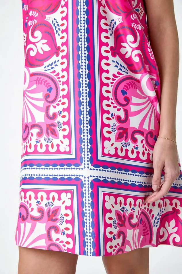 Women Cerise Scarf Print Satin Feel Shift Dress Roman Dresses