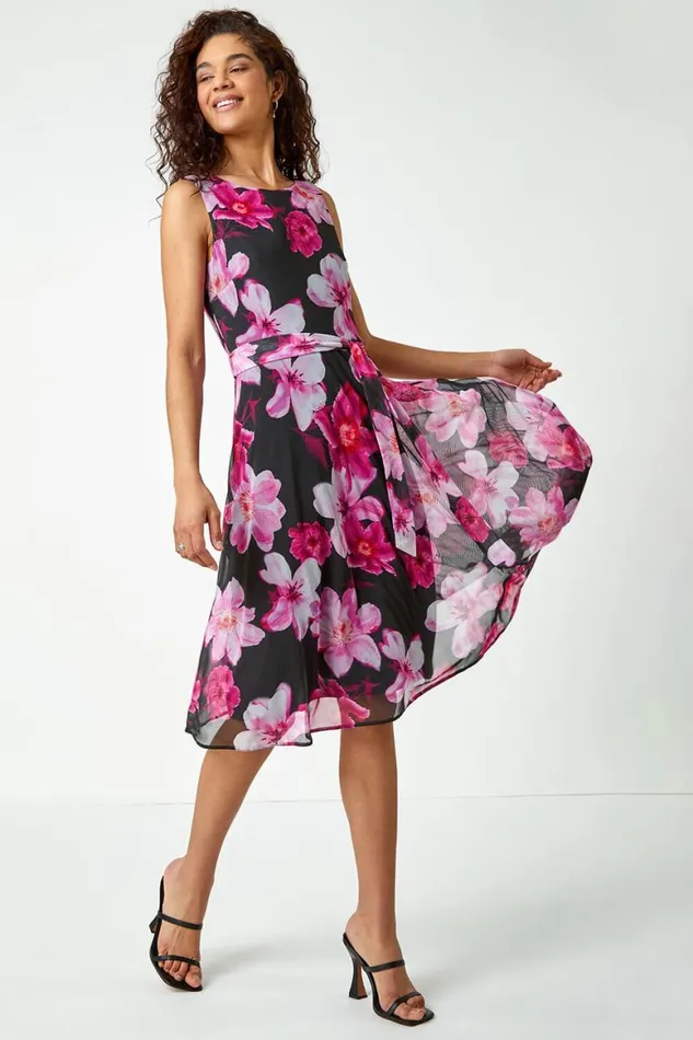 Women Cerise Sleeveless Floral Print Stretch Dress Roman Dresses