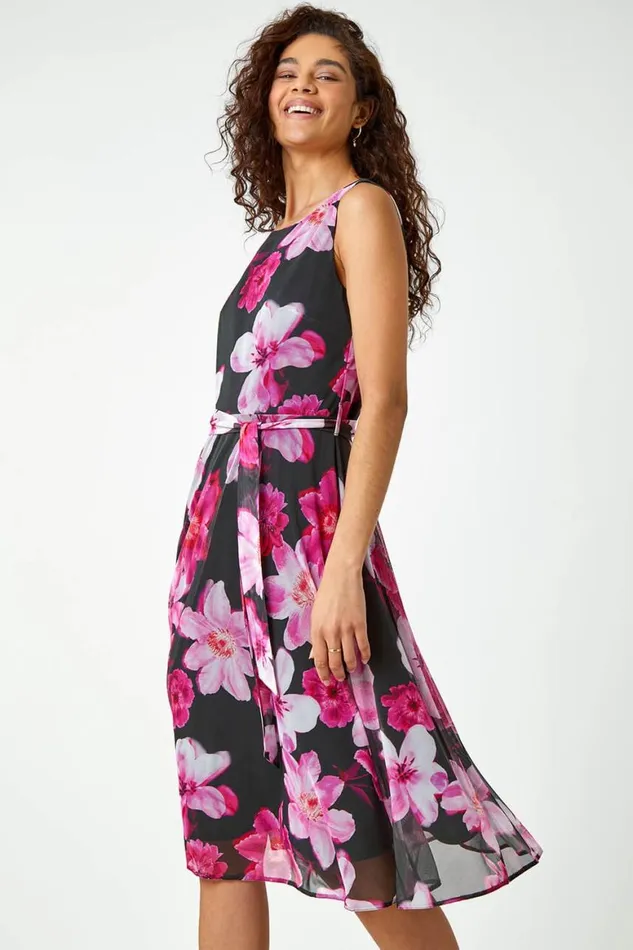 Women Cerise Sleeveless Floral Print Stretch Dress Roman Dresses