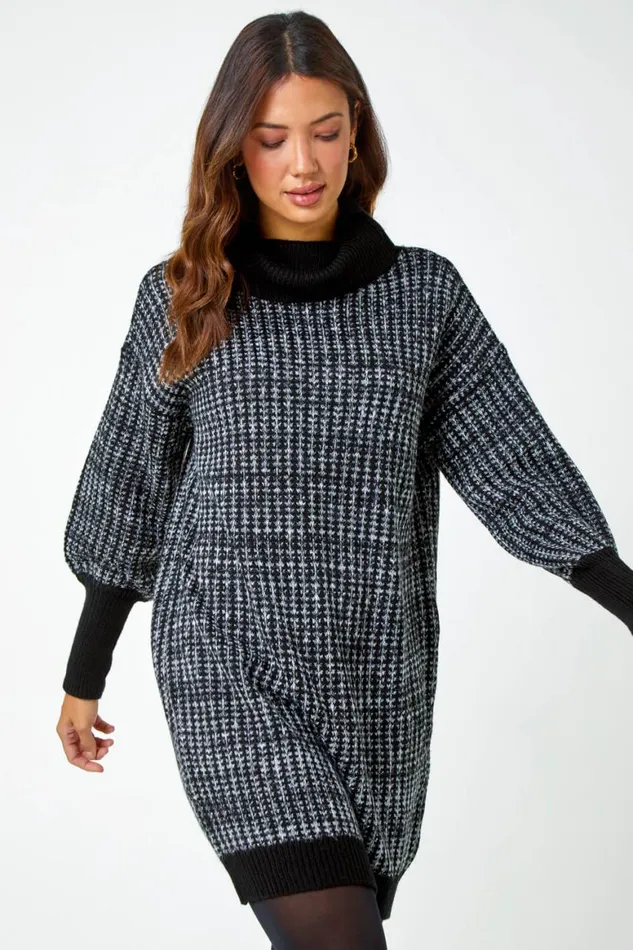 Women Charcoal Contrast Roll Neck Jumper Dress Roman Dresses