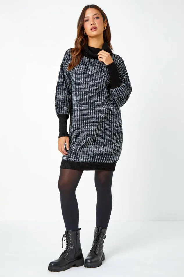 Women Charcoal Contrast Roll Neck Jumper Dress Roman Dresses