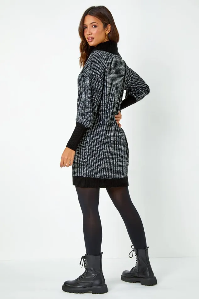 Women Charcoal Contrast Roll Neck Jumper Dress Roman Dresses