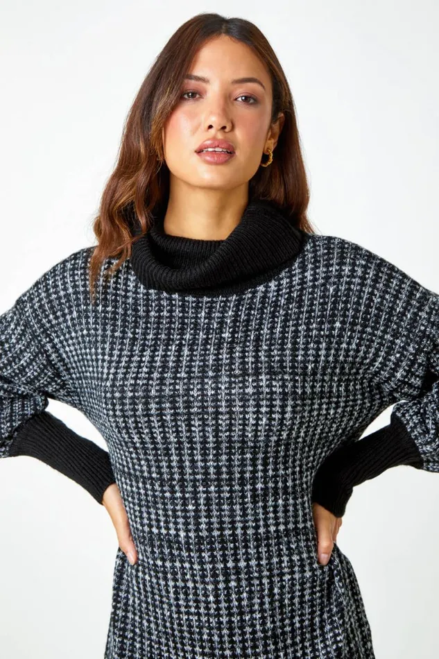 Women Charcoal Contrast Roll Neck Jumper Dress Roman Dresses