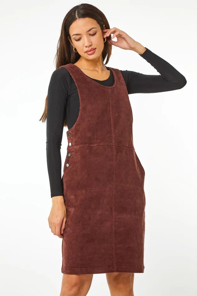 Women Chocolate Button Corduroy Pinafore Dress Roman Dresses