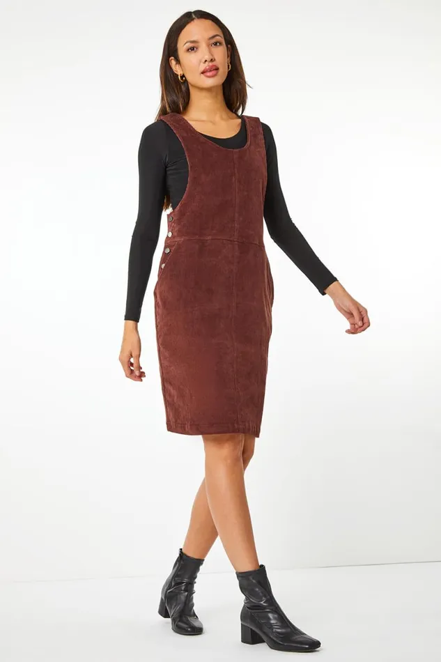Women Chocolate Button Corduroy Pinafore Dress Roman Dresses