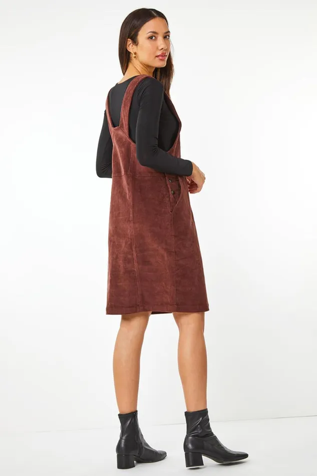 Women Chocolate Button Corduroy Pinafore Dress Roman Dresses