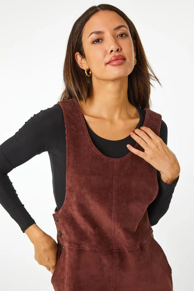 Women Chocolate Button Corduroy Pinafore Dress Roman Dresses