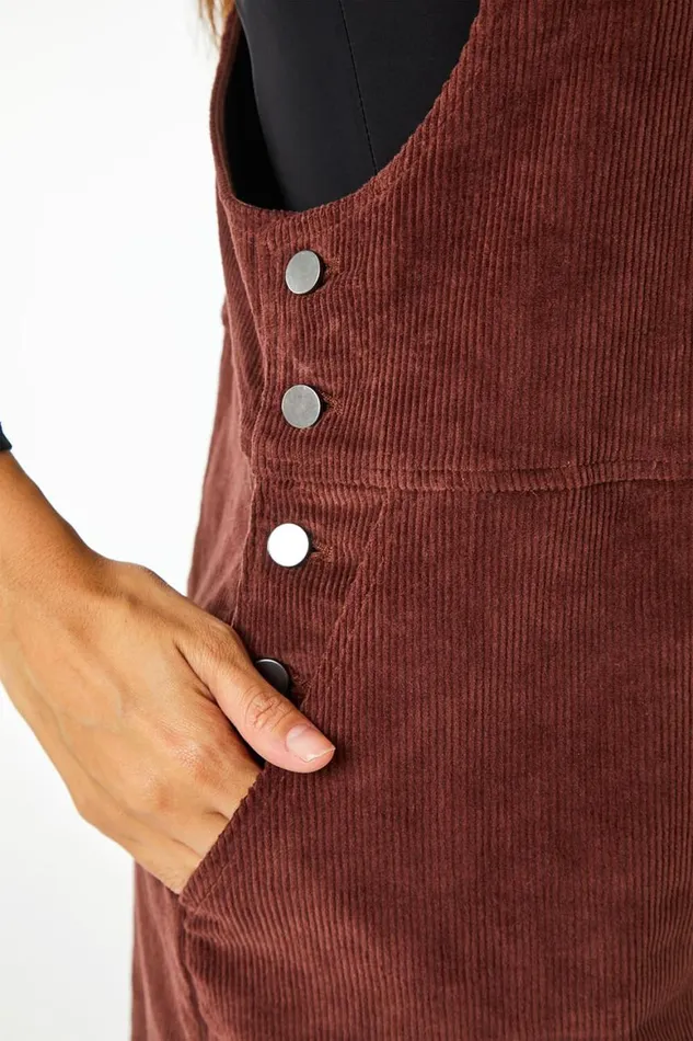 Women Chocolate Button Corduroy Pinafore Dress Roman Dresses
