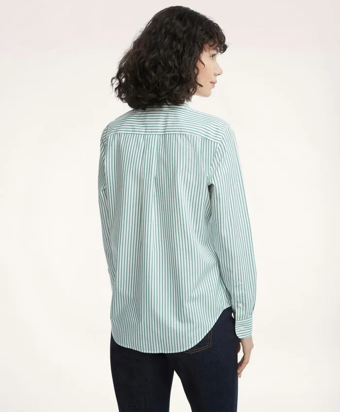Women Classic Fit Stretch Supima Cotton NonIron Bengal Stripe Dress Shirt Green Brooks Brothers Blouses and Shirts