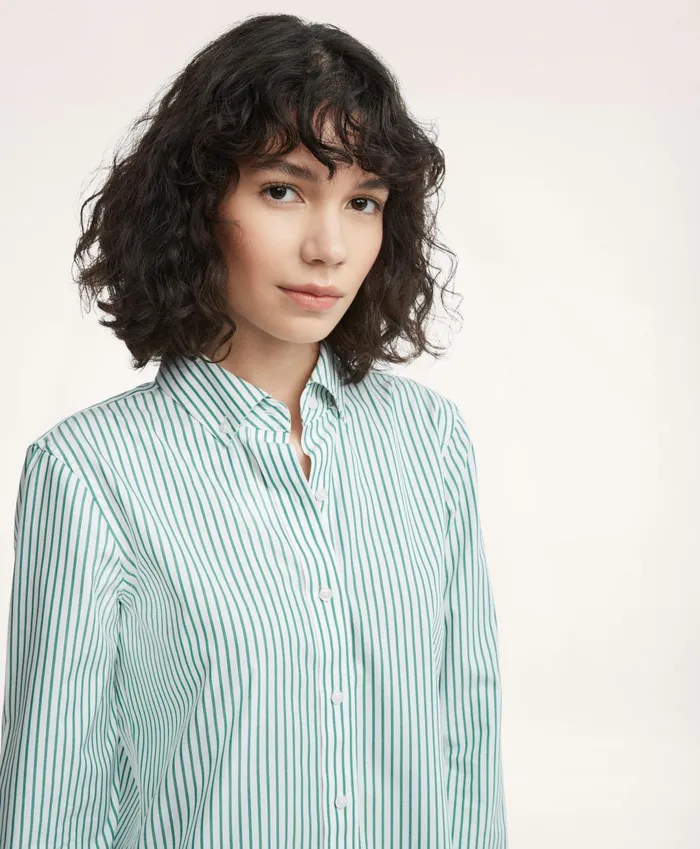Women Classic Fit Stretch Supima Cotton NonIron Bengal Stripe Dress Shirt Green Brooks Brothers Blouses and Shirts