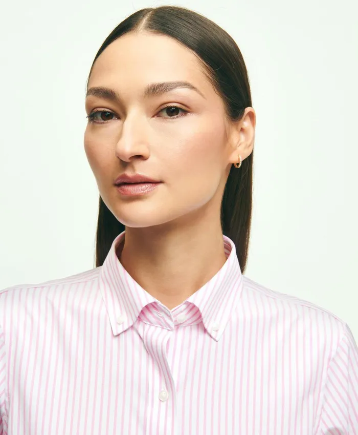 Women Classic Fit Stretch Supima Cotton NonIron Bengal Stripe Dress Shirt Pink Brooks Brothers Blouses and Shirts