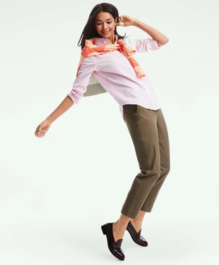 Women Classic Fit Stretch Supima Cotton NonIron Bengal Stripe Dress Shirt Pink Brooks Brothers Blouses and Shirts