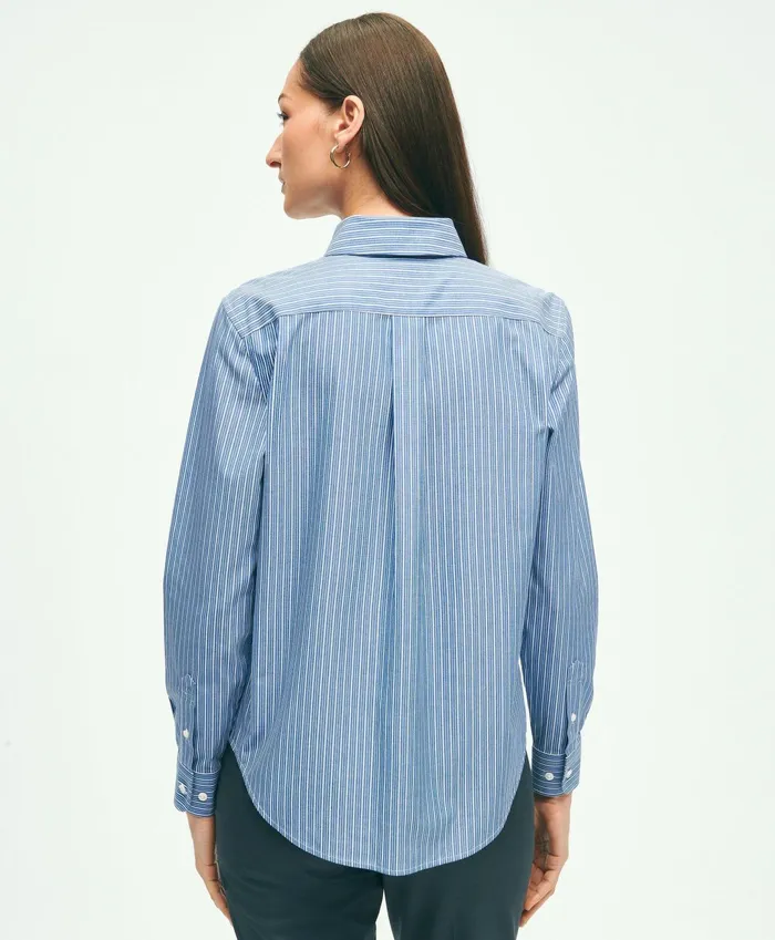 Women Classic Fit Stretch Supima Cotton NonIron Striped Dress Shirt Navywhite Brooks Brothers Blouses and Shirts